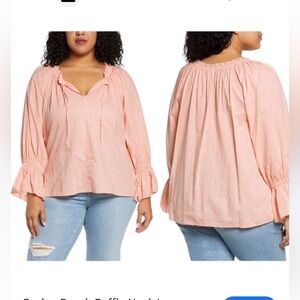Caslon Soft Peach Ruffle Neck Boho Peasant polka dot blouse bell sleeves M NWT